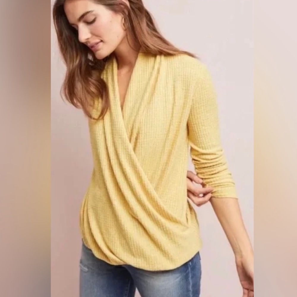 Anthropologie Akemi + Kin Woodruff Waffle Knit Wrap Long Sleeve Top Maize size S